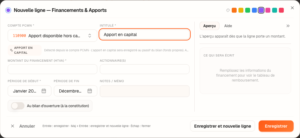 La fenêtre « Nouvelle ligne — Financements &amp; Apports » sur le compte 110900 : un apport en numéraire.
