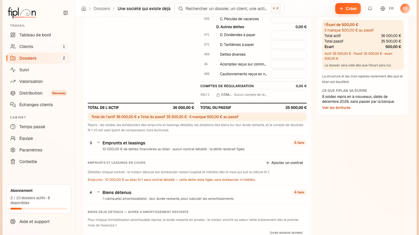 La barre orange d'un bilan N-1 déséquilibré par une faute de frappe : il manque un montant au passif.