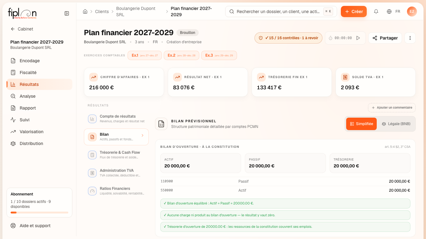 L'onglet Bilan de la Boulangerie Dupont, vue simplifiée : actif et passif sur trois exercices, et les pastilles d'équilibre.
