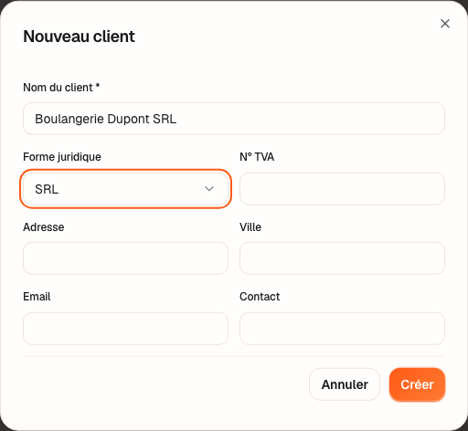 La fenêtre « Nouveau client » remplie pour la Boulangerie Dupont SRL.