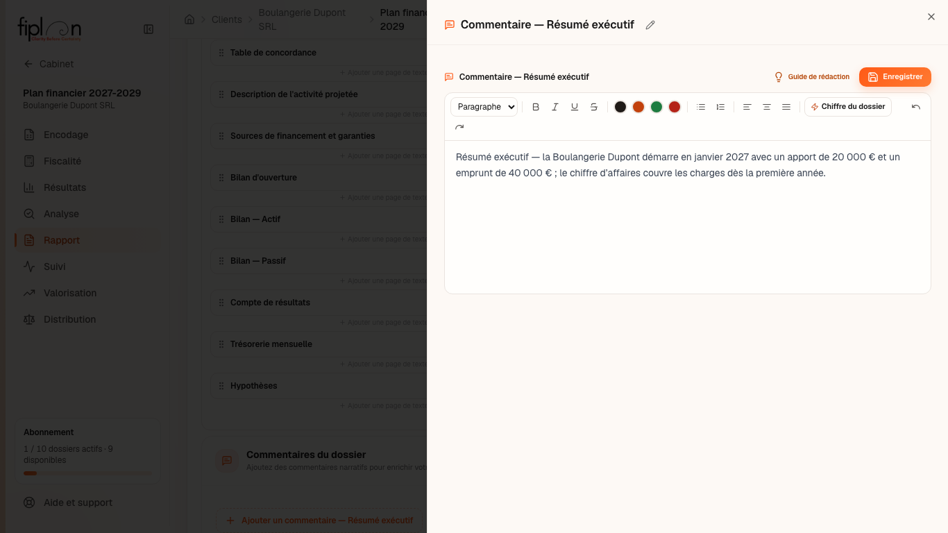 Le panneau « Commentaires du dossier », sous les réglages du module Rapport : le résumé exécutif de la Boulangerie Dupont, en cours de rédaction.