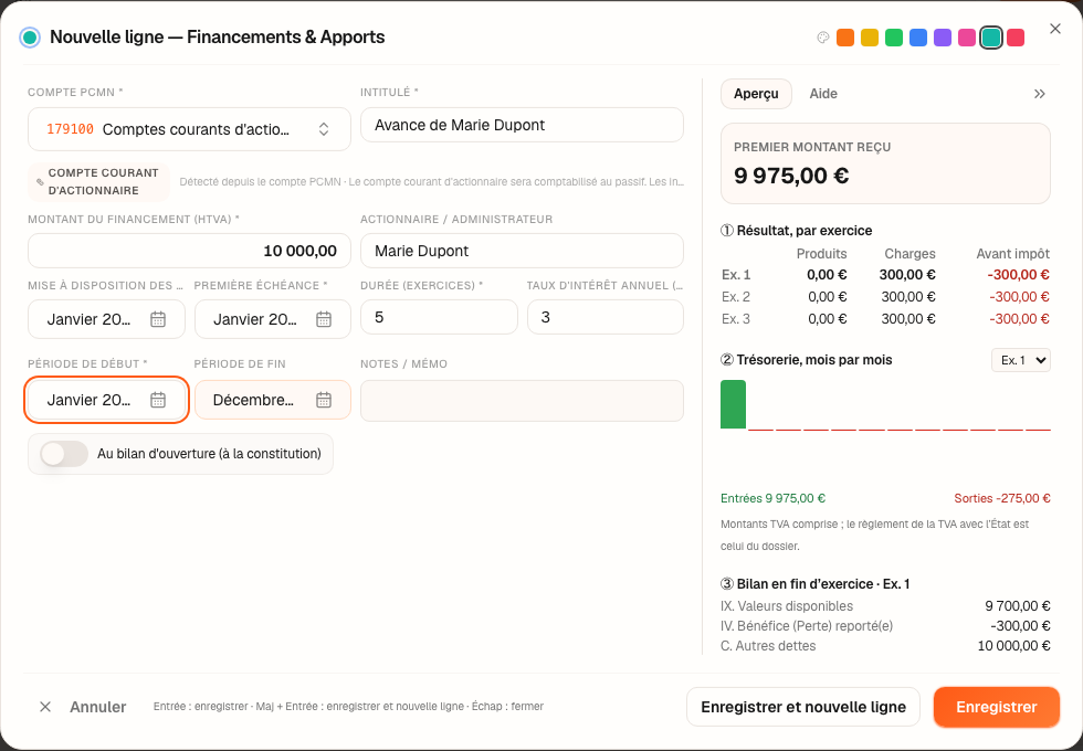 La fenêtre sur le compte 179100 : 10 000 € avancés par Marie Dupont, 3 %, 5 ans.