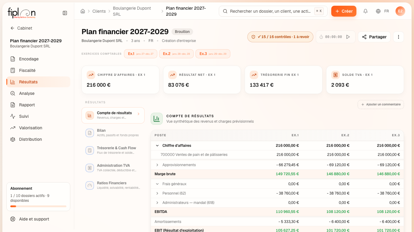L'onglet Compte de résultats de la Boulangerie Dupont : les quatre cartes, le tableau sur trois exercices et les deux graphiques.