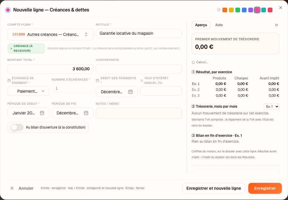 La fenêtre « Nouvelle ligne — Créances & Dettes » : une garantie locative de 3 600 €.
