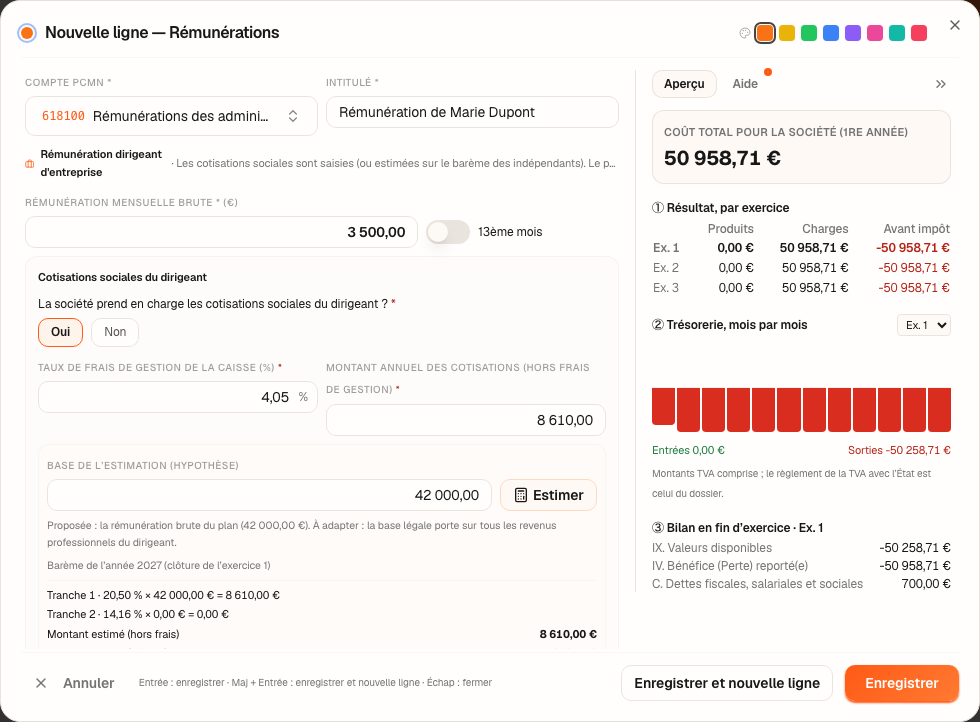 La fenêtre « Nouvelle ligne — Rémunérations » sur le compte 618100 : 3 500 € brut par mois, les cotisations prises en charge et estimées, et la décomposition.