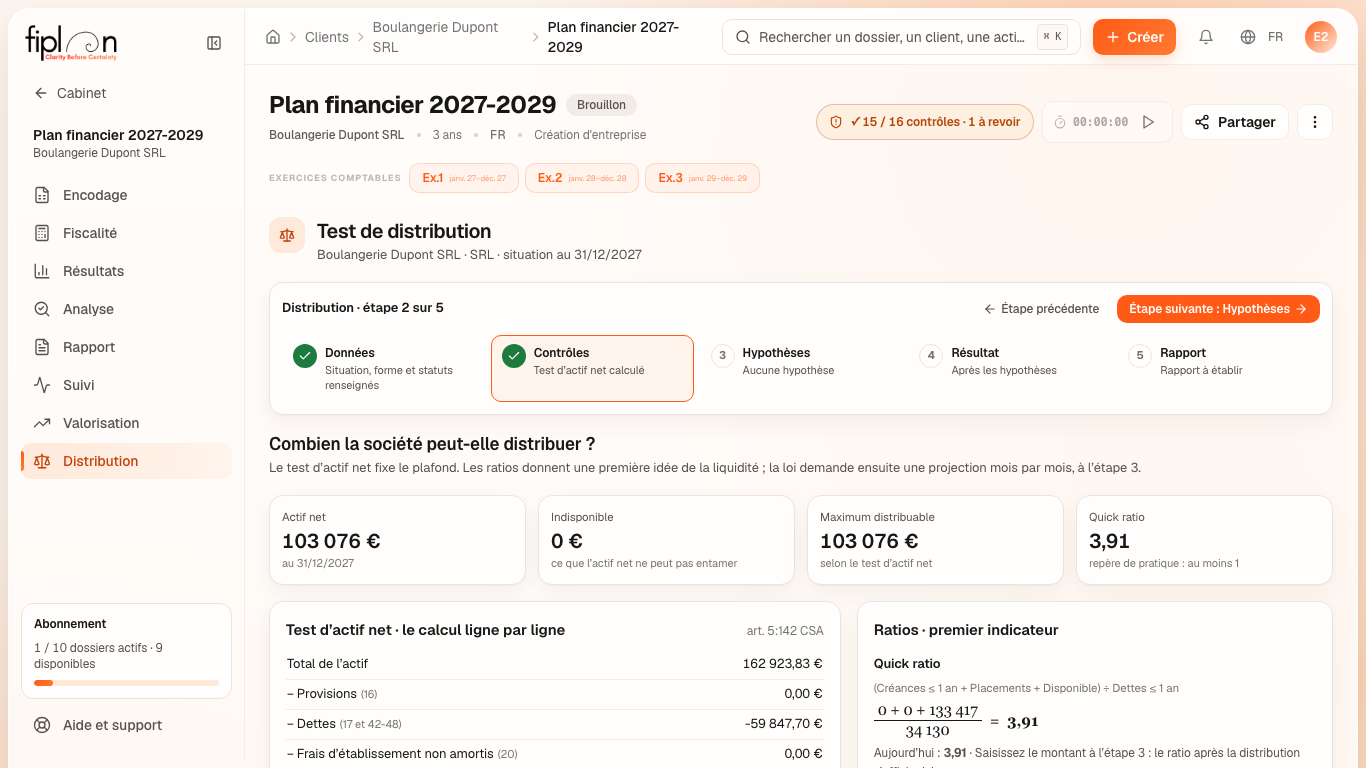 L'étape ② de la Boulangerie Dupont : les quatre indicateurs et le test d'actif net ligne par ligne.