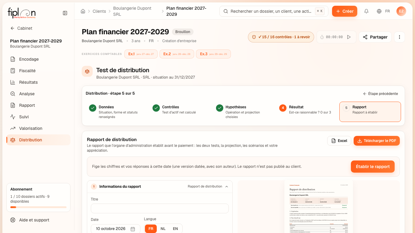L'étape ⑤ de la Boulangerie Dupont : les réglages du rapport à gauche, l'aperçu du PDF à droite.