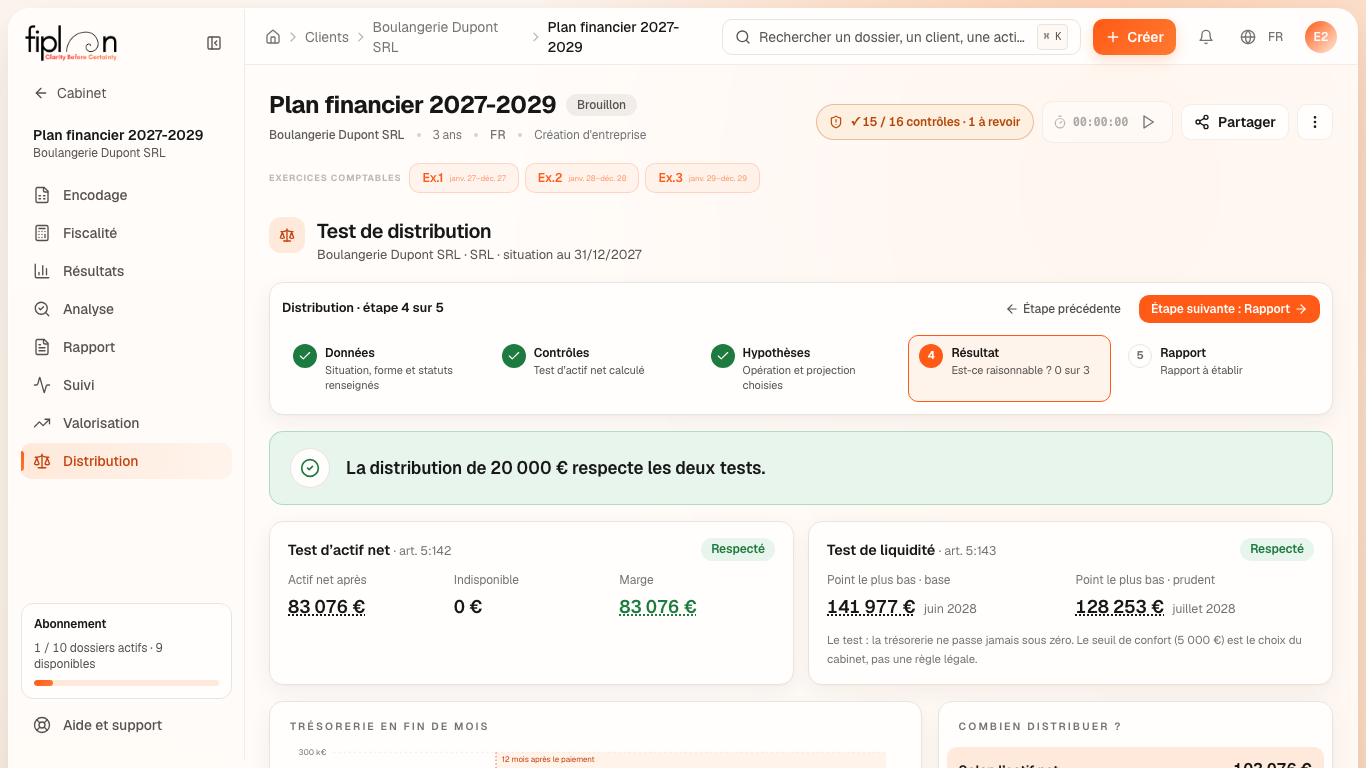 L'étape ④ du test de distribution de la Boulangerie Dupont : le verdict, les deux tests et la trésorerie en fin de mois.