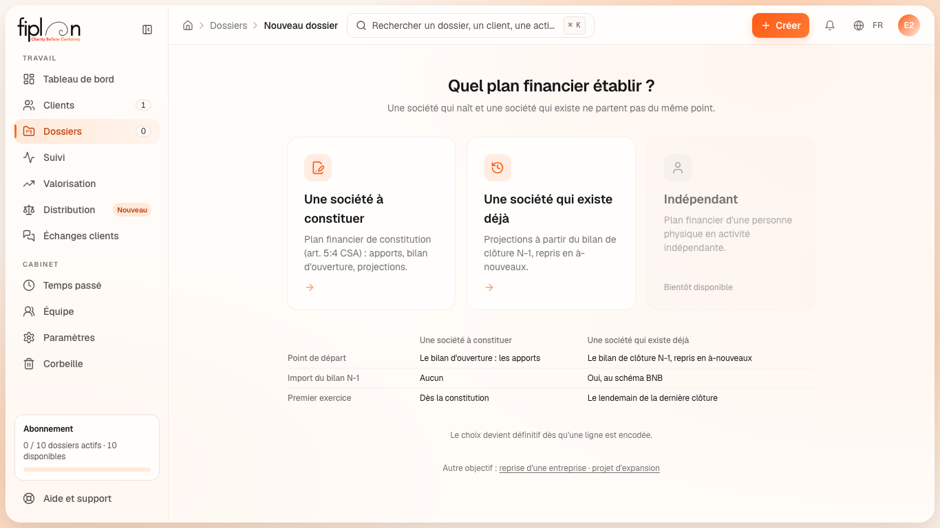 L'écran « Quel plan financier établir ? » et ses trois cartes.