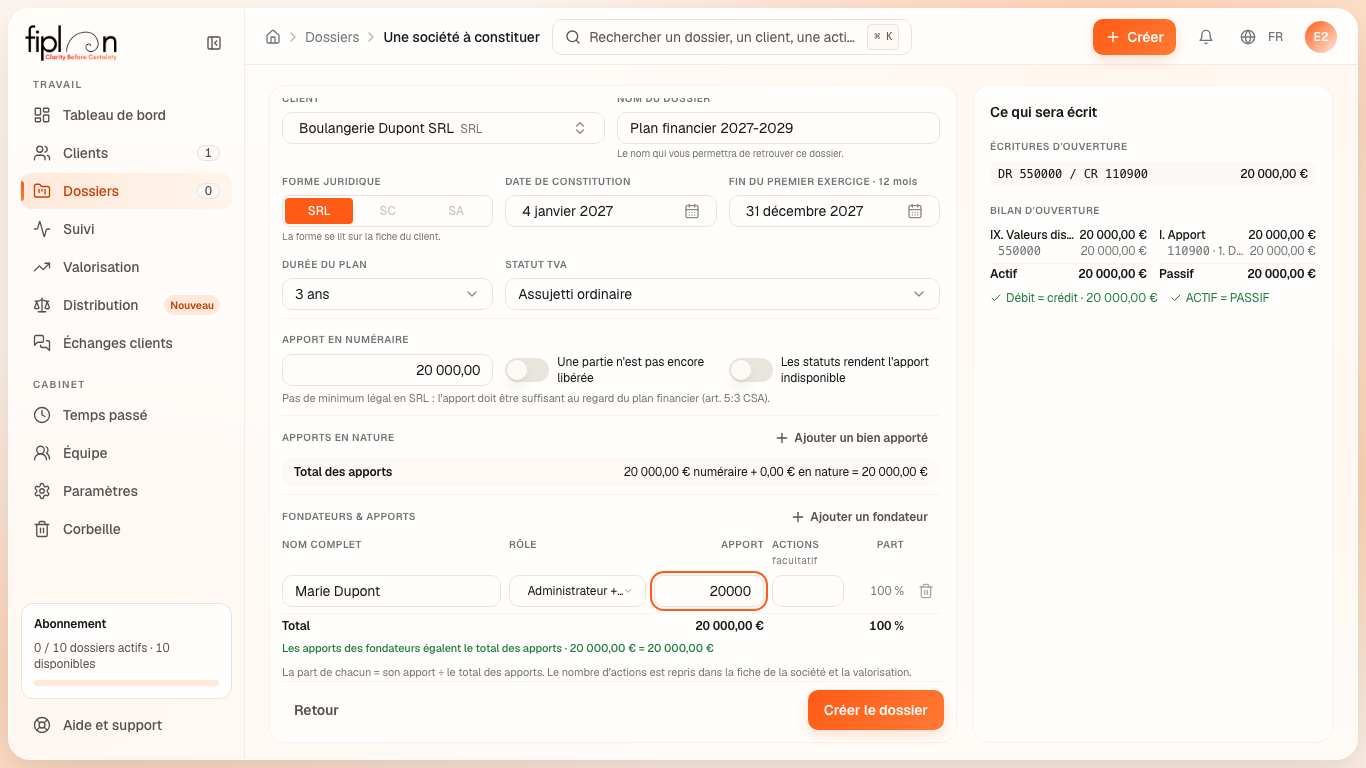 Une société à constituer : client, nom du dossier, dates, durée de trois ans, apport de 20 000 €, le tableau des fondateurs et l'aperçu « Ce qui sera écrit ».