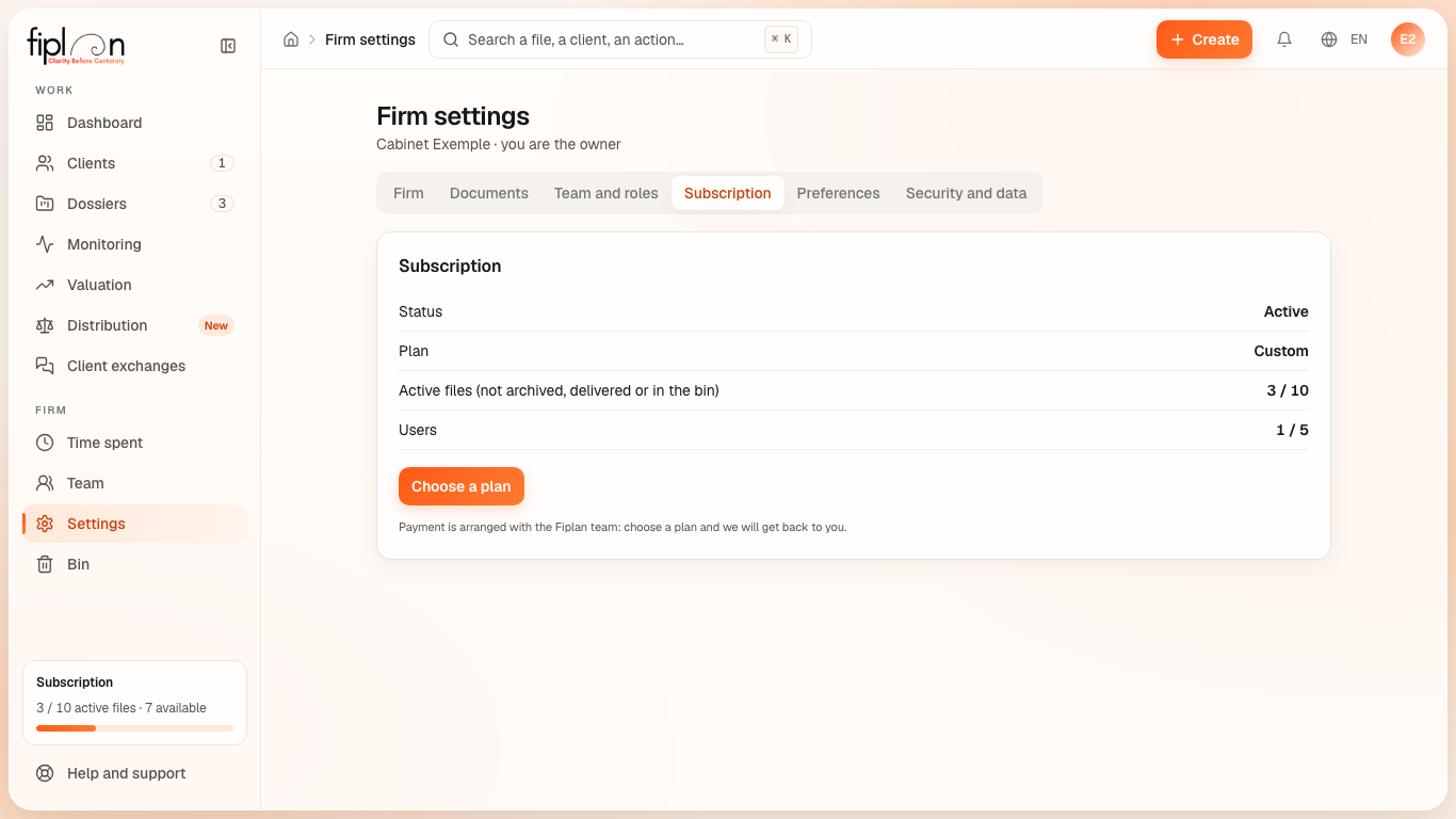 The Subscription tab of the settings during the trial: the status, the next charge, the active files and the users.