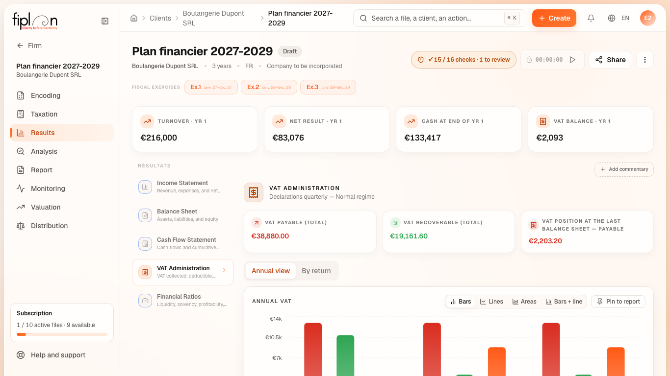 The VAT Administration tab of Boulangerie Dupont: the cards, and the quarterly balance for 2027.