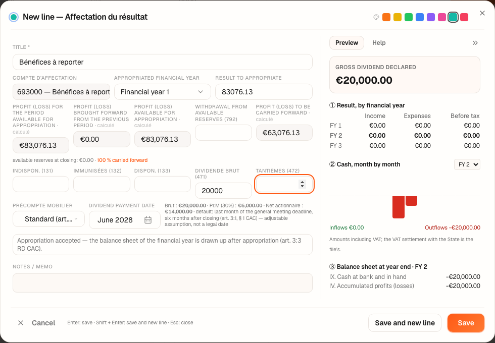 The allocation for financial year 2027: €20,000 gross dividend, standard withholding tax, and the verdict of the tests.
