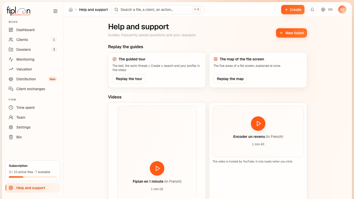 The Help and support page — the three guides, the frequently asked questions and the list of requests.