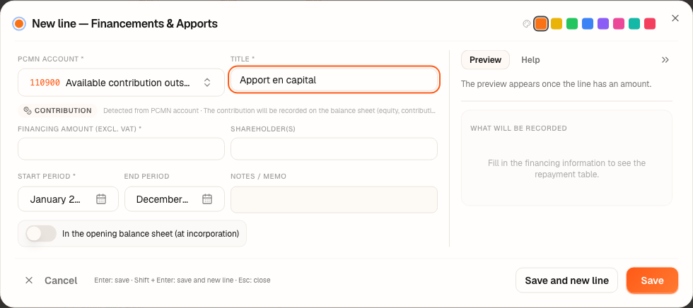 The “New line — Financing & Contributions” window on account 110900: a cash contribution.