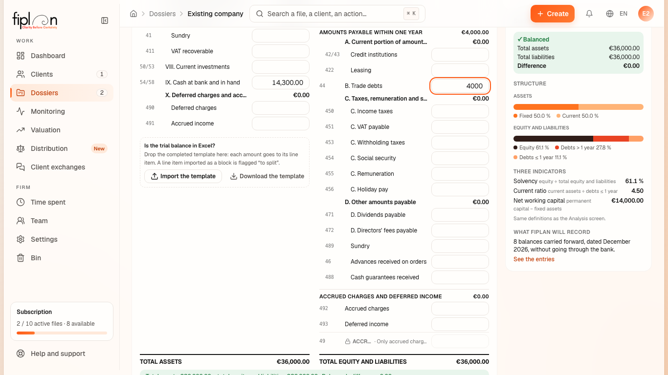 The screen for creating an existing company: the N-1 balance sheet in balance-sheet form, its balance bar and the Summary.