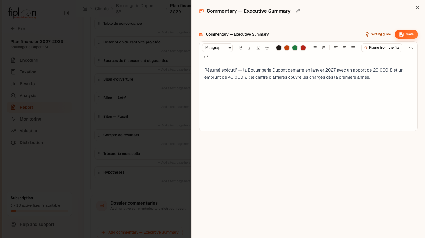 The “Dossier commentaries” panel, below the settings of the Report module: the executive summary of Boulangerie Dupont, being written.