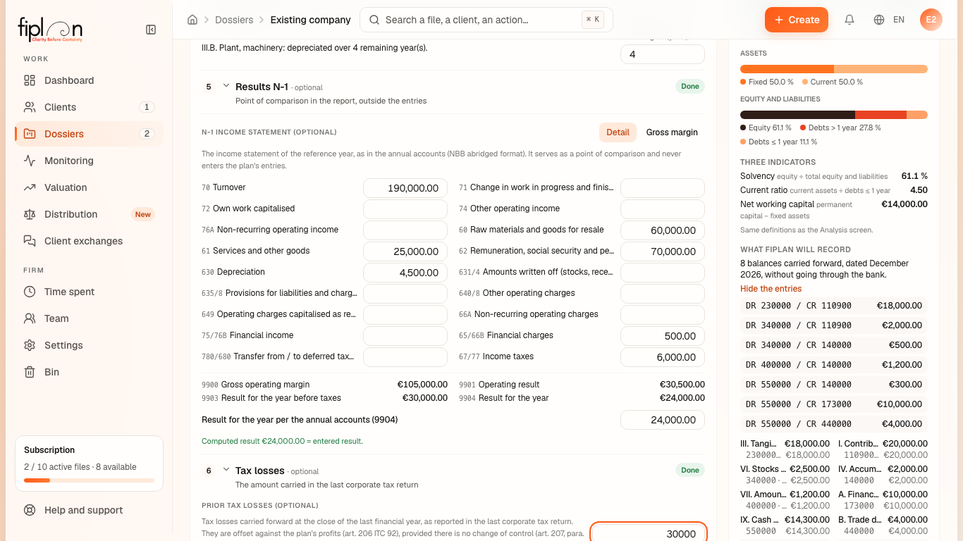 Step “5 · Results N-1”, Detail mode, the calculated aggregates and the check line.