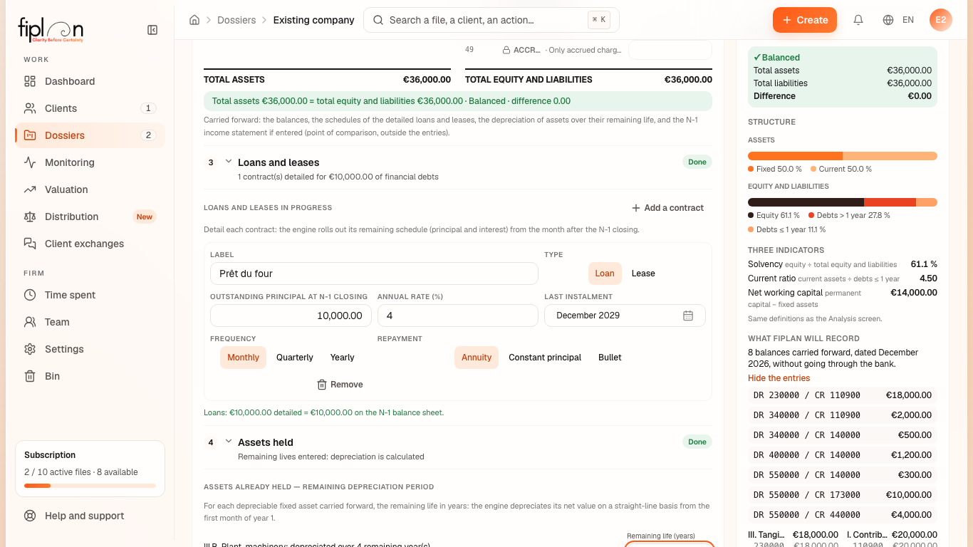 Steps “3 · Loans and leases” and “4 · Assets held” of the creation page, filled in.
