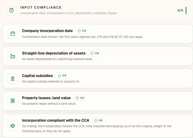 The “Input compliance” category of the checks panel: its five checks in green.