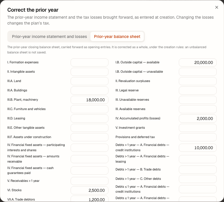 The “Correct the prior year” window, Prior-year balance sheet tab.