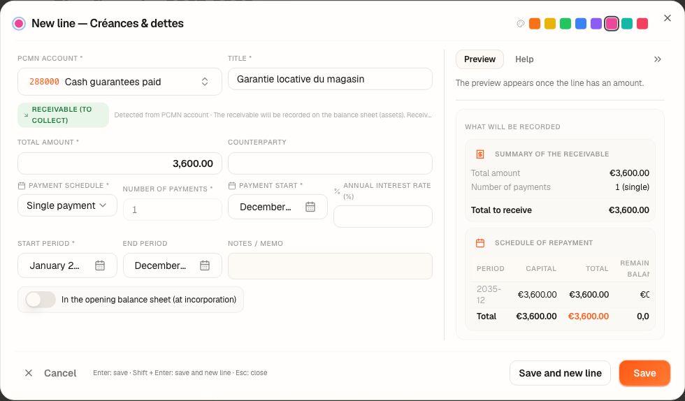 The “New line — Receivables &amp; Debts” window: a rent deposit of €3,600.
