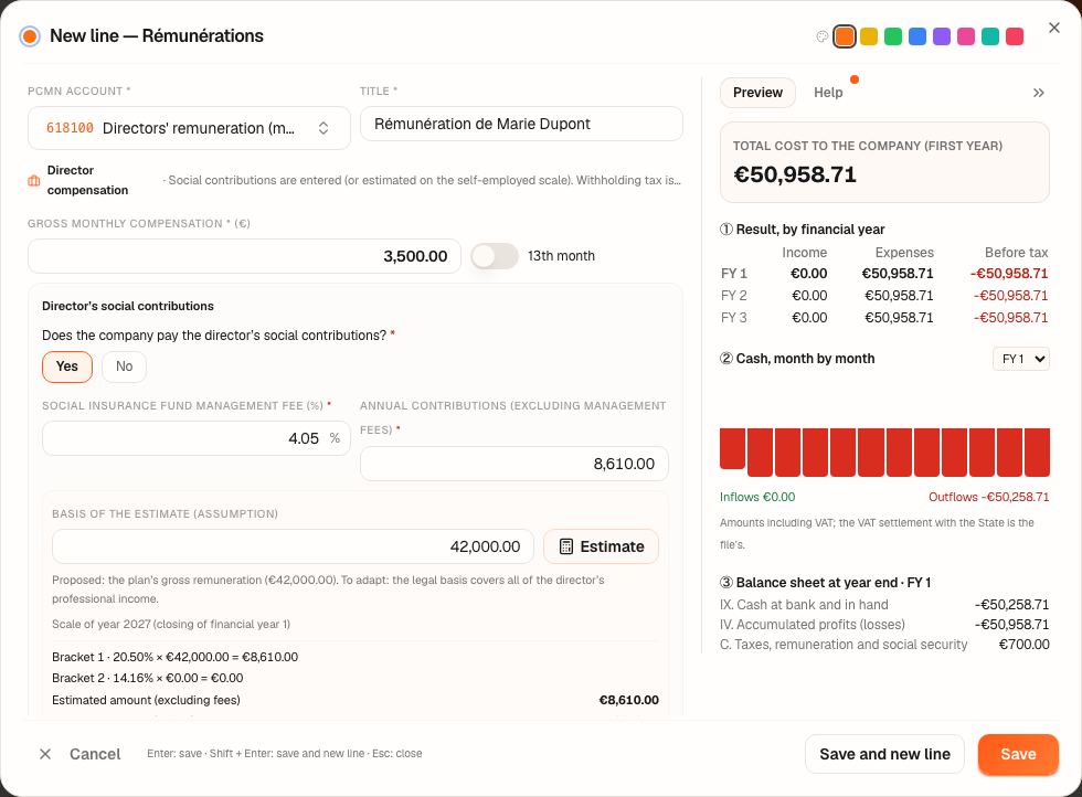 The “New line — Rémunérations” (new line — remuneration) window on account 618100: €3,500 gross per month and the breakdown.