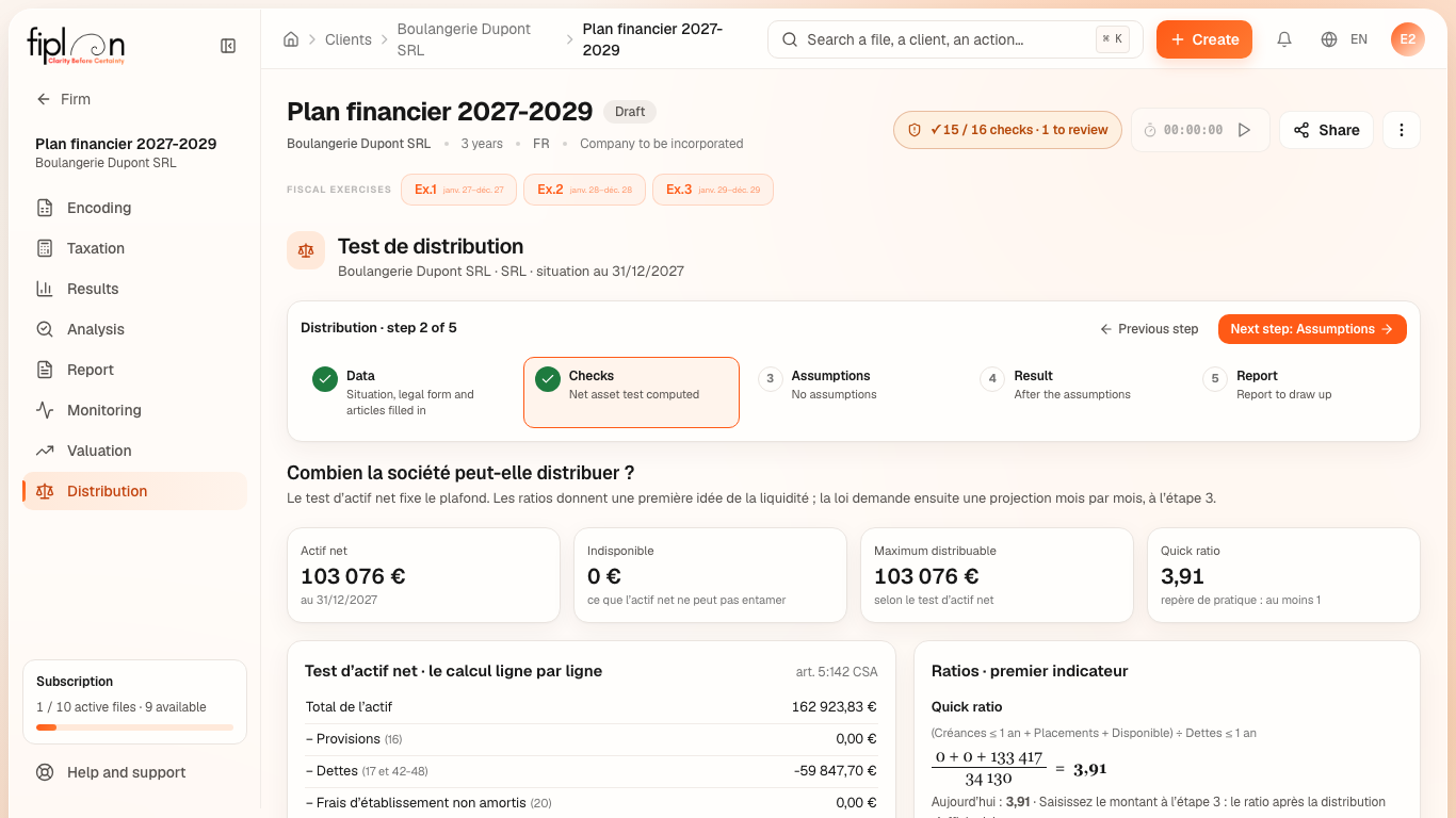 Step ② for Boulangerie Dupont: the four indicators and the net asset test line by line.