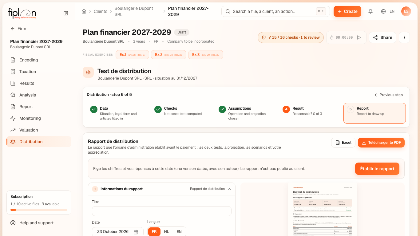 Step ⑤ for Boulangerie Dupont: the report settings on the left, the PDF preview on the right.