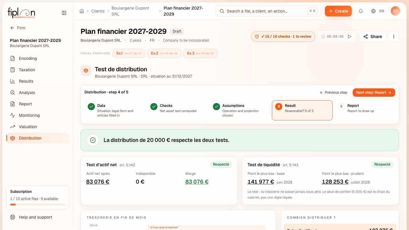 Step ④ of the Boulangerie Dupont distribution test: the verdict, the two tests and month-end cash.