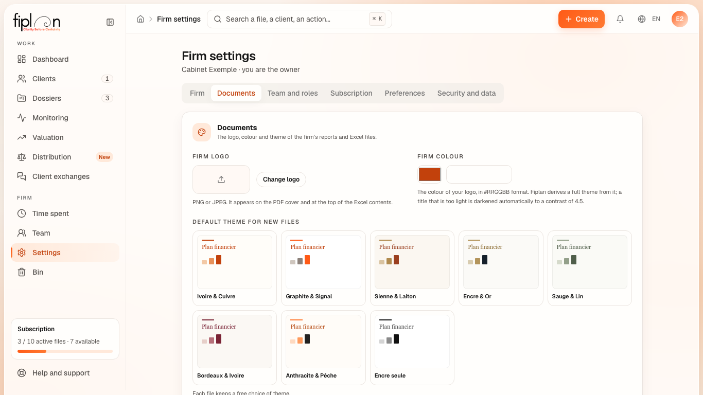 The Documents tab of the settings: the logo, the colour and the default theme.
