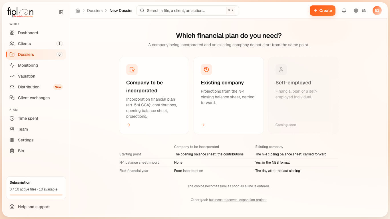 The “Which financial plan do you need?” screen and its three cards.