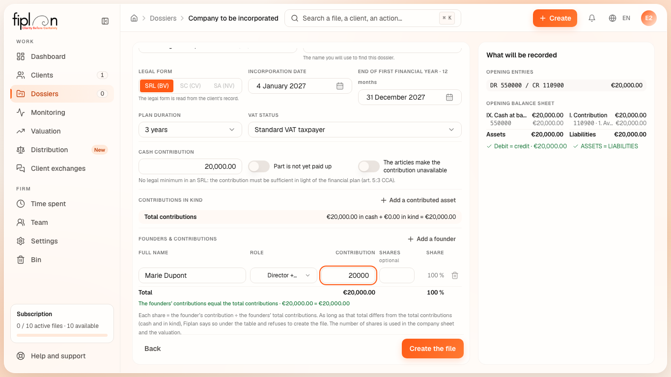 A company to incorporate: client, file name, dates, a three-year duration, a €20,000 contribution, the founders table and the “What will be recorded” preview.