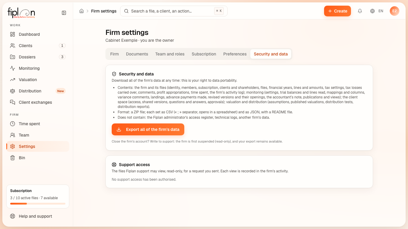 The Security and data tab of the settings: the description of the export and its button.
