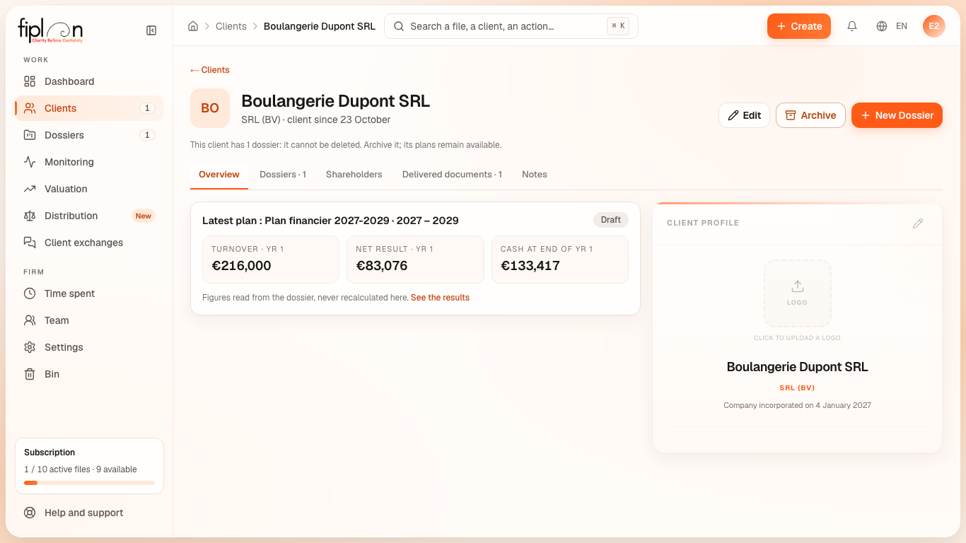 The record of Boulangerie Dupont SRL, Overview tab, with the “Latest plan” card and its three figures.