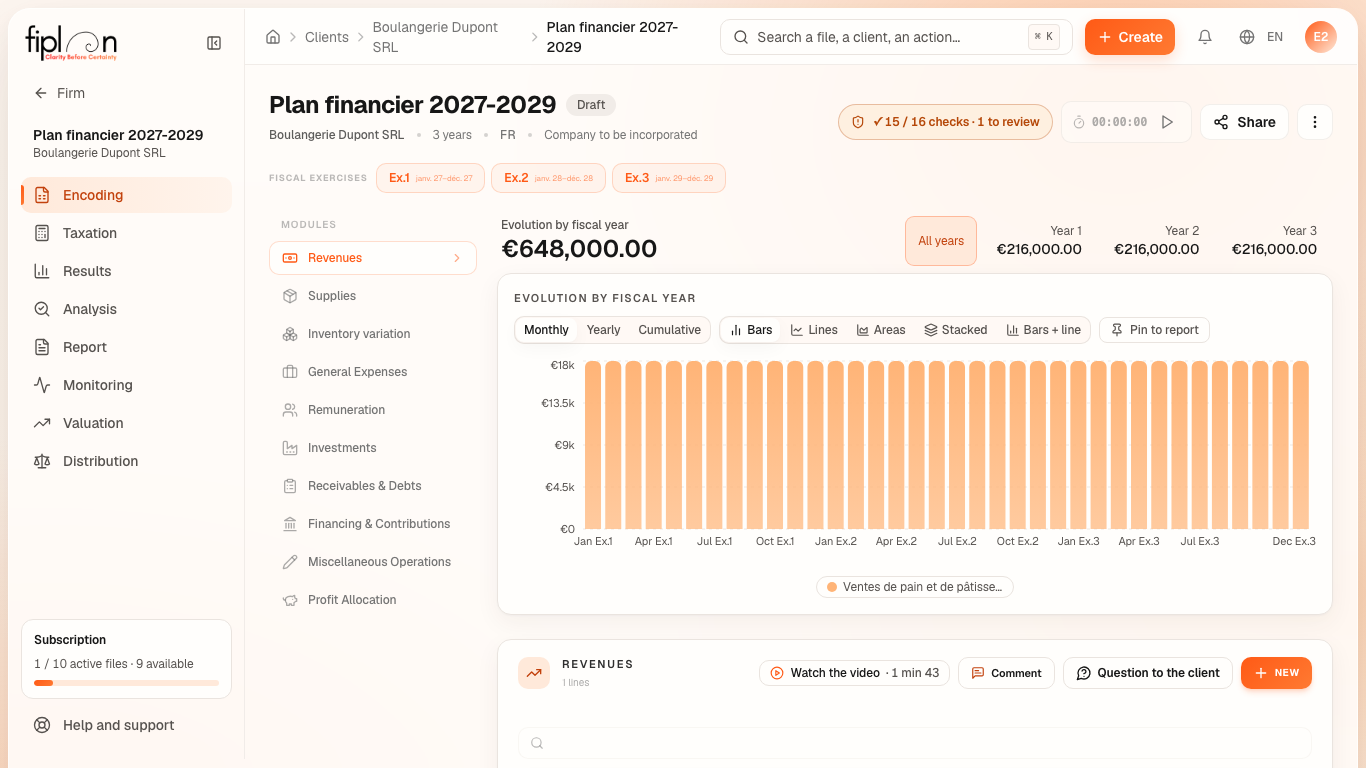 The Boulangerie Dupont file open on data entry: the module bar and the checks badge.