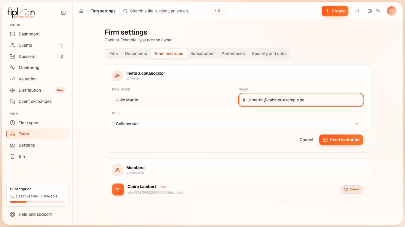 The Team and roles tab: the invitation window, filled in.
