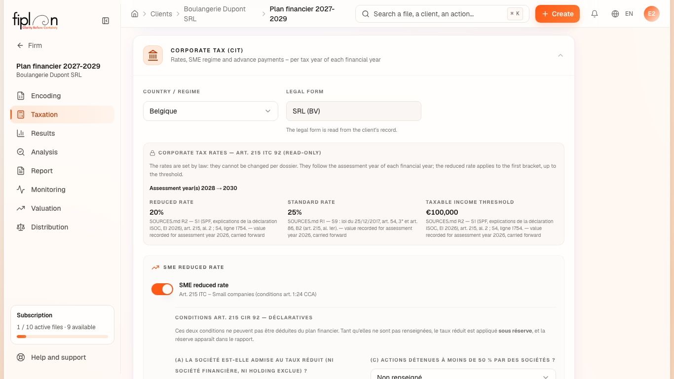 The Taxation tab, CIT section: the read-only rates and conditions (a) and (c).