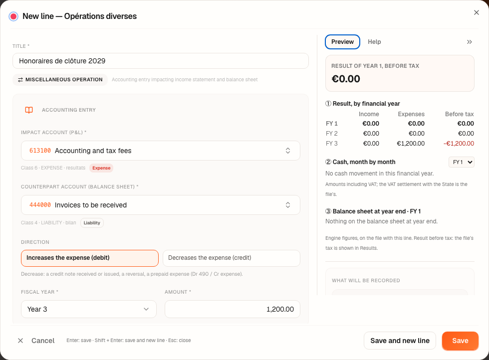 The “New line — Opérations diverses” (new line — miscellaneous operations) window: fees 613100, financial year 3, €1,200.