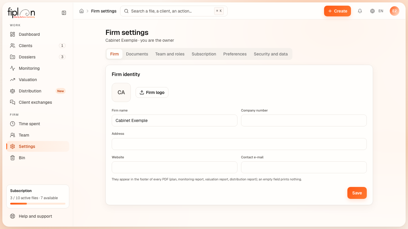 The Firm settings page, Firm tab: the firm's identity and its logo.