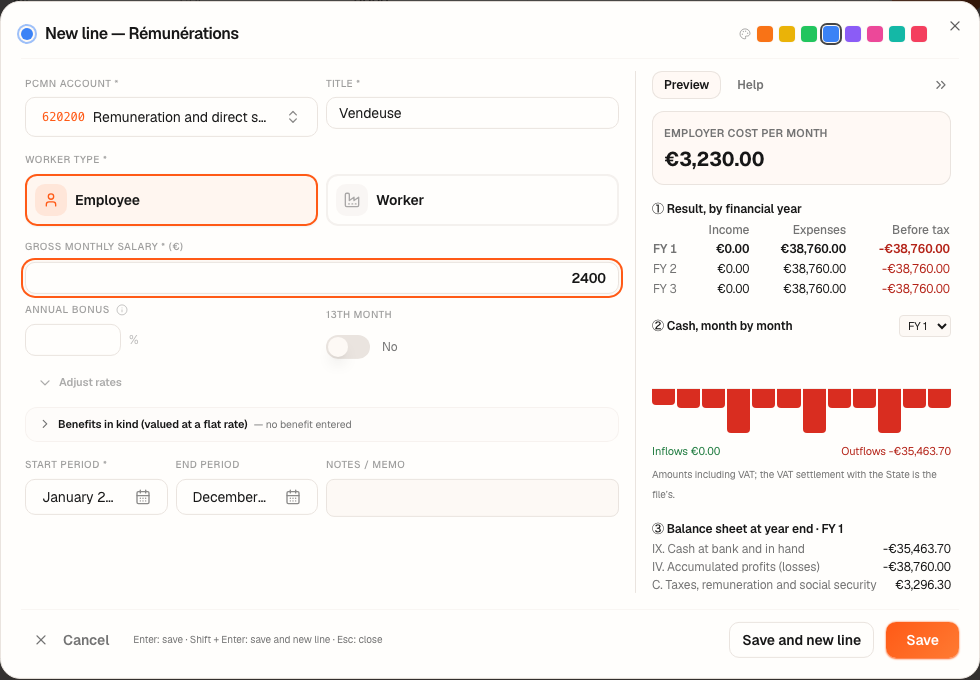 The “New line — Rémunérations” (new line — remuneration) window: account 620200, Employee, €2,400 gross, and the monthly breakdown.