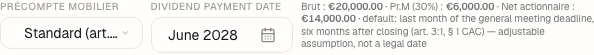 The 2027 allocation: gross dividend €20,000, standard withholding tax, and the gross, withholding tax, net summary.