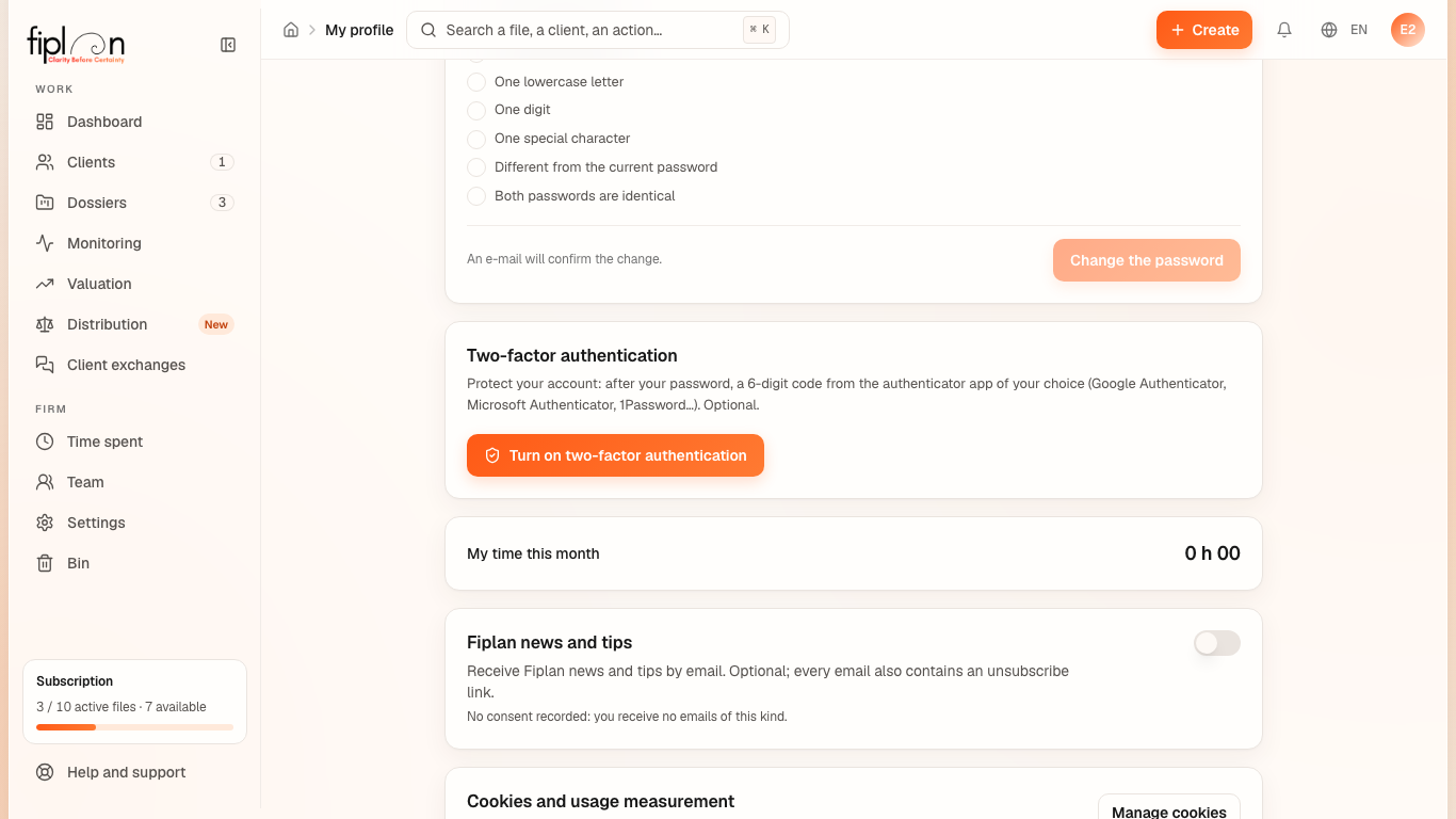 The “My profile” page — the password rules, then the “Two-factor authentication” card before it is turned on (only the Turn on two-factor authentication button: no key, no code), “My time this month” and “Fiplan news and tips”.