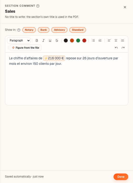 The “Section comment” drawer open on the Revenue screen of Boulangerie Dupont: the mini-Word, a figure from the file inserted, and the templates where the text appears.