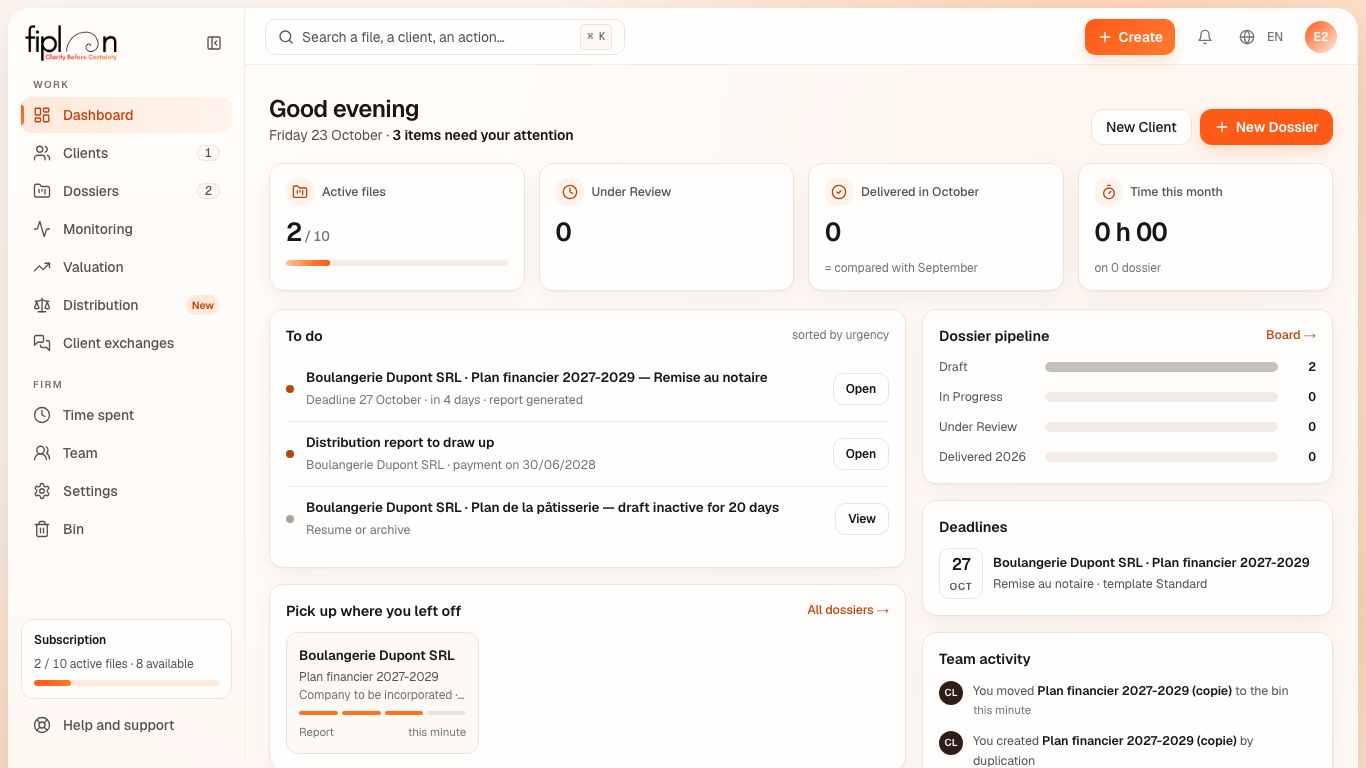 The firm dashboard — “To do” with the bakery's deadline and the inactive draft.