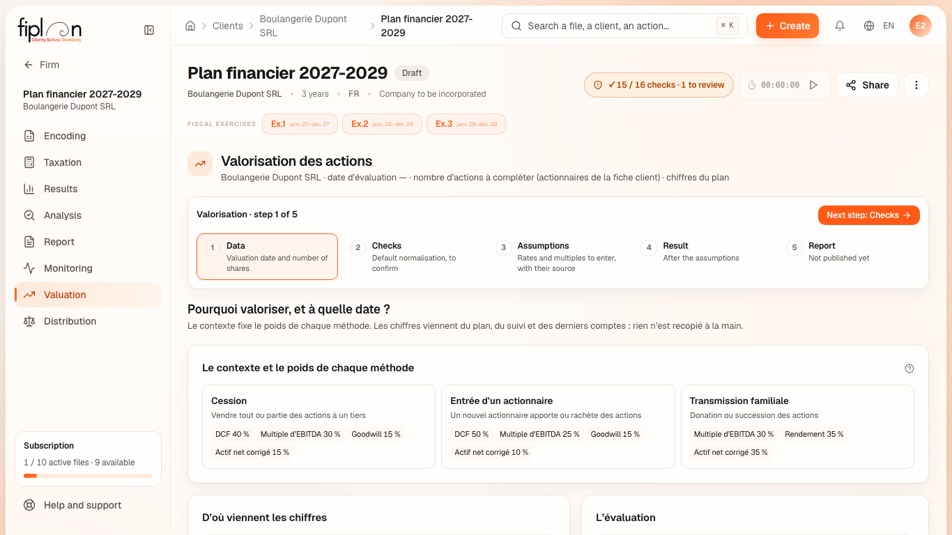The Valuation module of Boulangerie Dupont at step ①: “Pourquoi valoriser, et à quelle date?” (why value, and at what date?), the context and its weights, where the figures come from.