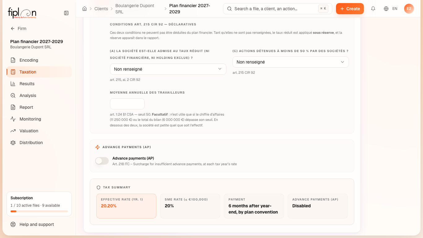 The Taxation tab: the advance payments switch and the share per quarter.