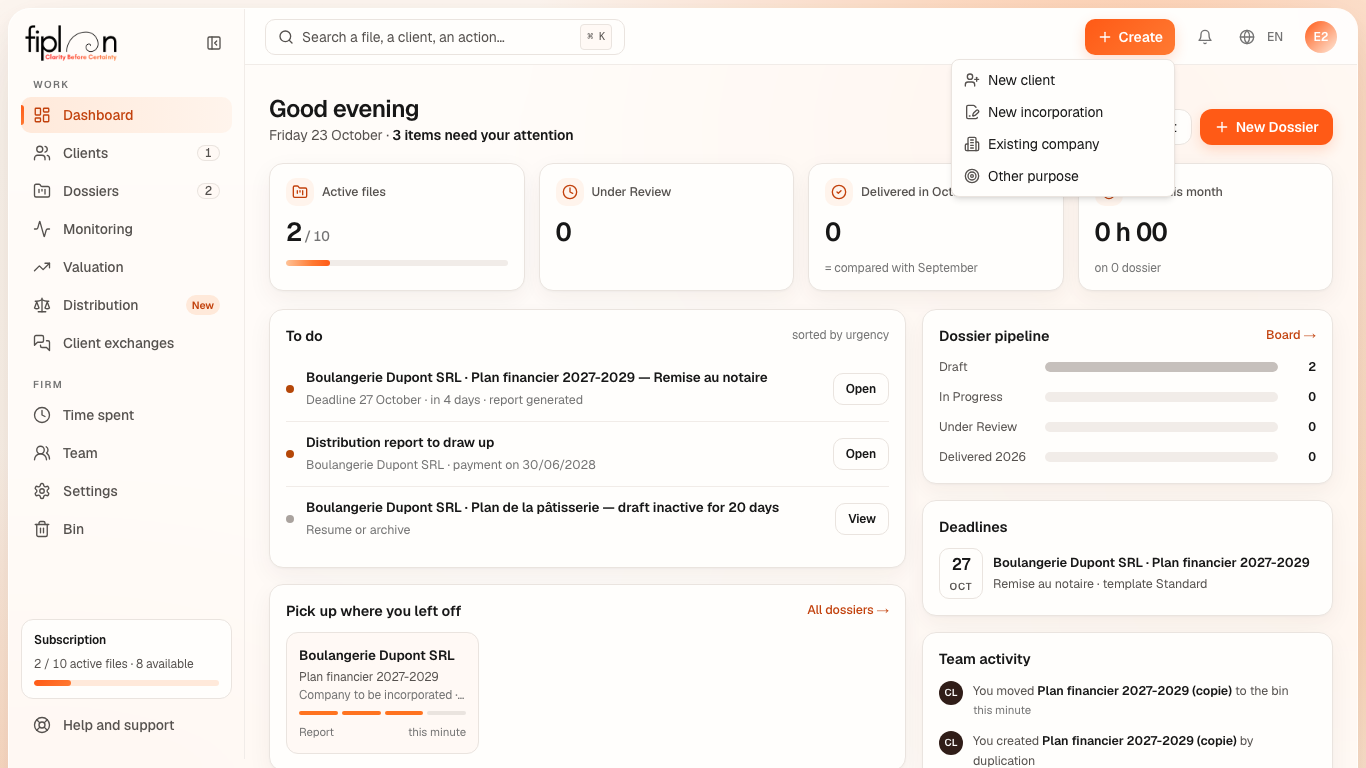 The dashboard with the firm sidebar, the top bar and the “Create” button open.