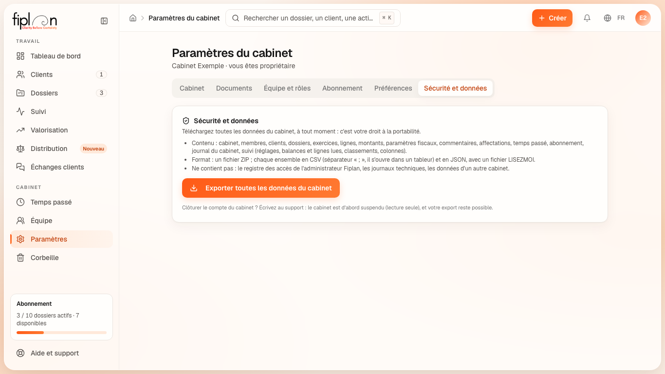 L'onglet Sécurité et données des paramètres : la description de l'export et son bouton.