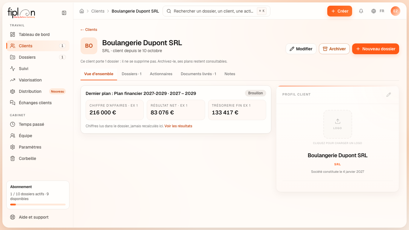 La fiche de la Boulangerie Dupont SRL, onglet Vue d'ensemble, avec la carte « Dernier plan » et ses trois chiffres.